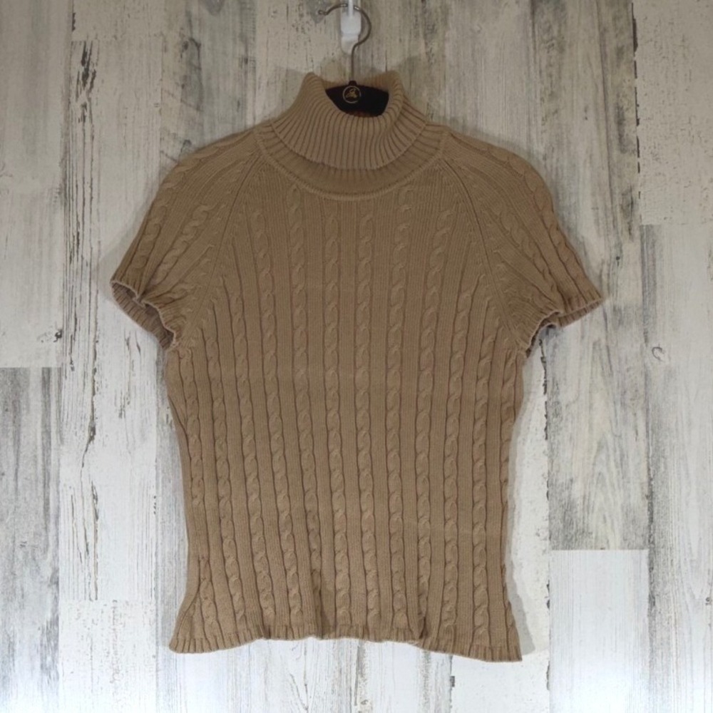 Grace Elements Sweater S Tan Short Sleeve Turtleneck Cable Knit Cotton Blend